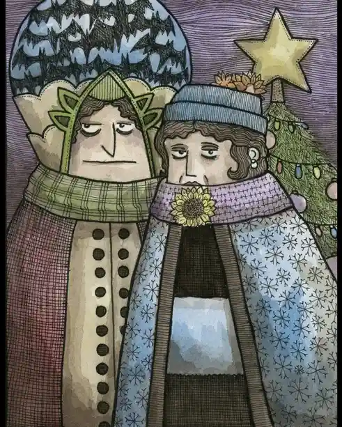 Two illustrated people in heavy winter clothing stand beside a decorated Christmas tree with a star on top. The person on…