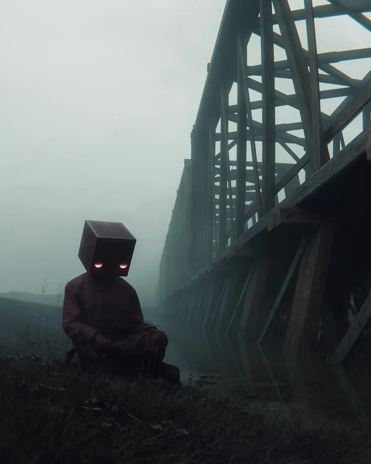 A figure with a glowing red-eyed cube head sits on grass beside a misty wooden bridge. The overlaid text reads 'i'm not a…
