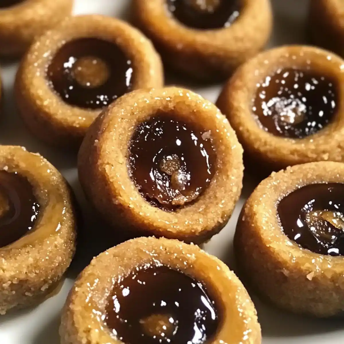 A close-up photo of small, round, golden-brown cookie cups filled with a glossy, dark brown filling, possibly caramel or…