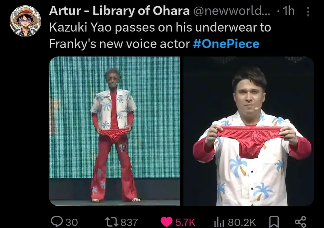 Two side-by-side photos show a man in a white shirt with blue palm tree patterns holding up red underwear. The left image…