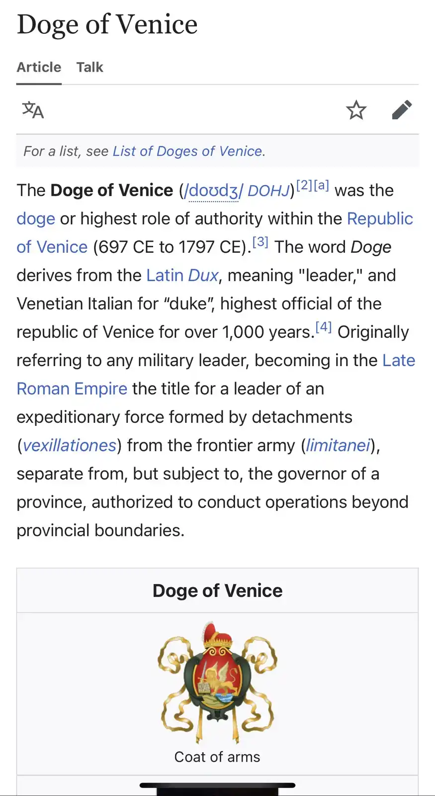 The image shows a screenshot of a Wikipedia article about the Doge of Venice, featuring text defining the historical role…