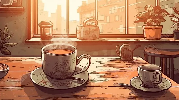 A cozy, warmly lit illustration shows a wooden table with two steaming cups of tea, one large and one small, each on a…