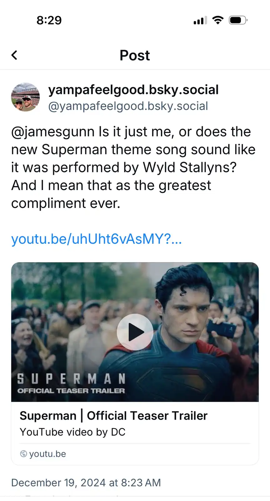 A screenshot of a social media post showing a YouTube video thumbnail for the 'Superman | Official Teaser Trailer'. The…
