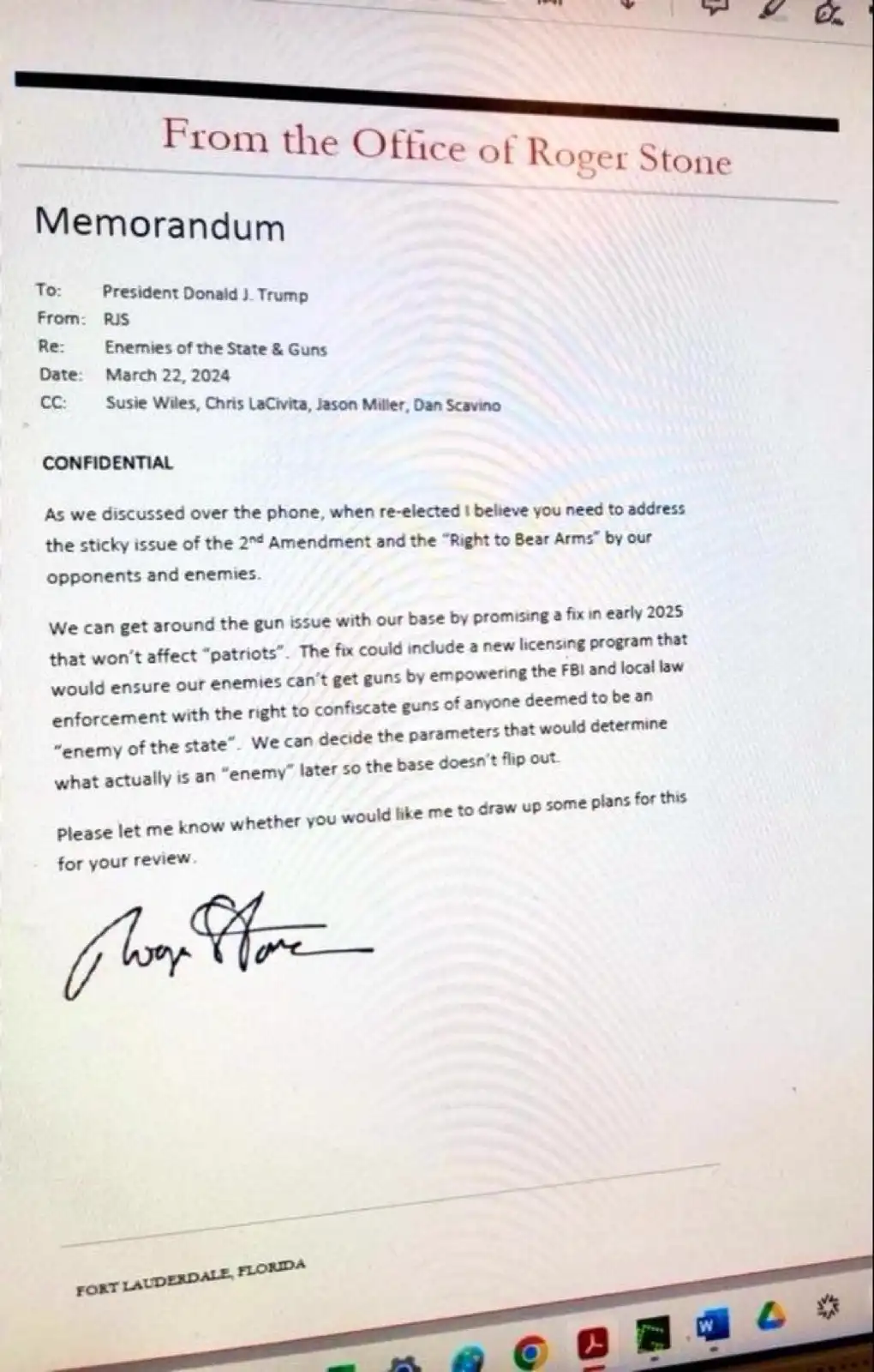 A screenshot of a fake memorandum from Roger Stone's office, addressed to President Trump, proposing a gun control plan that…