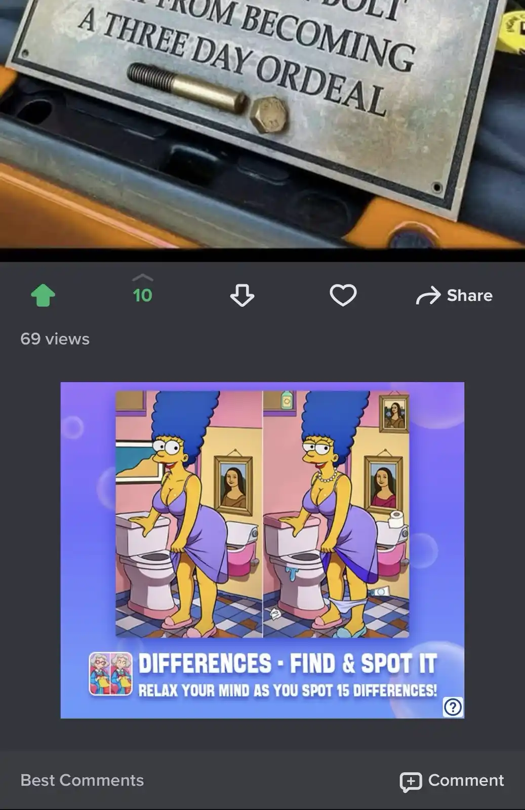 The image shows a 'find the differences' puzzle featuring Marge Simpson in a bathroom, with two nearly identical panels…