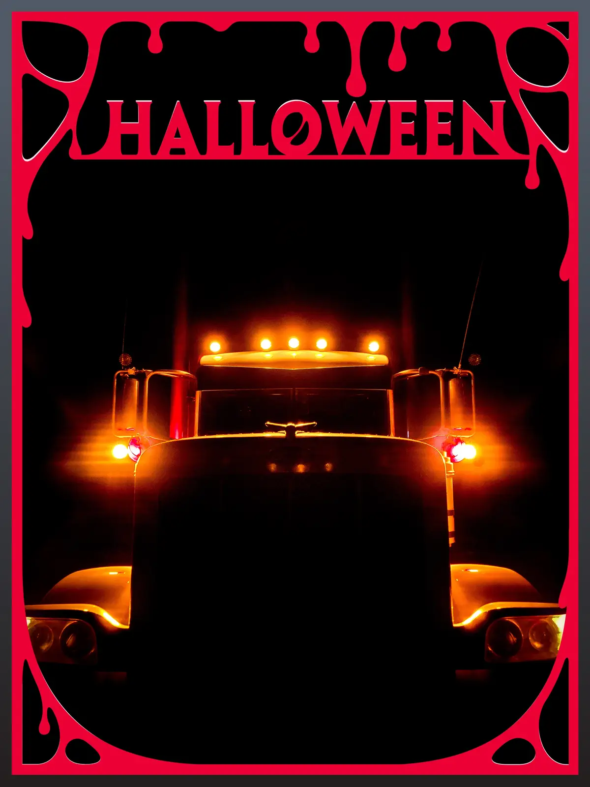 A dark, atmospheric image features the front of a large truck with glowing orange headlights and roof lights, set against a…