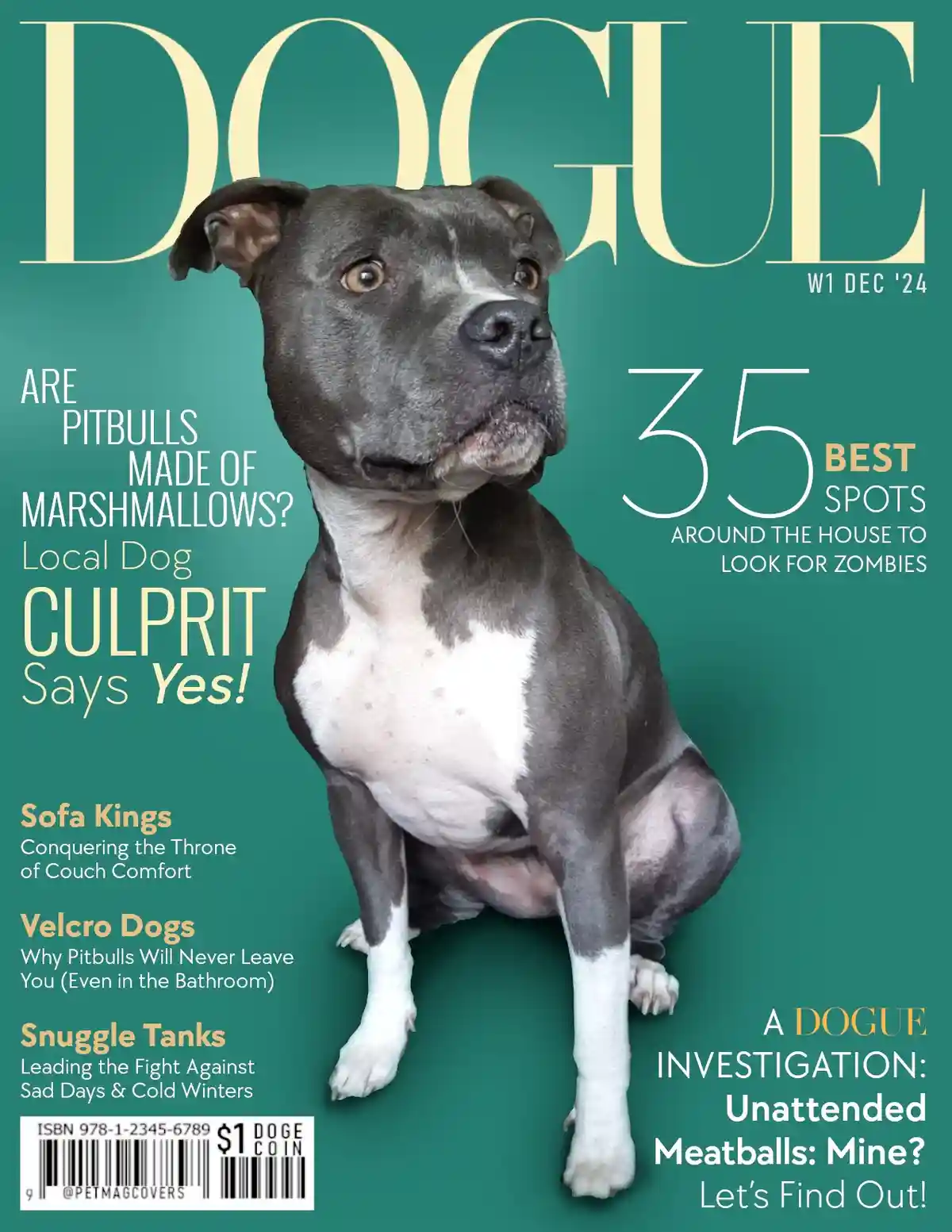 A digitally altered magazine cover mimicking Vogue, featuring a gray and white pitbull as the central subject. The title…