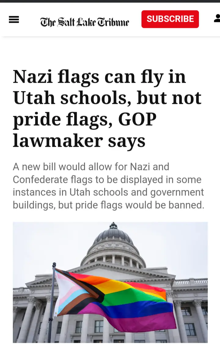 A screenshot of a Salt Lake Tribune news article headline stating a GOP lawmaker's proposal to allow Nazi and Confederate…