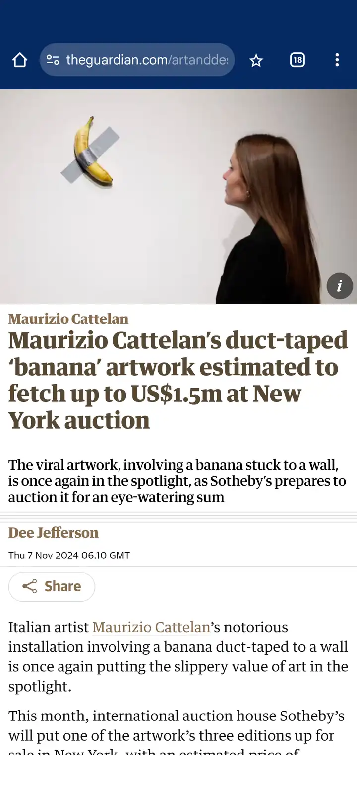 A screenshot of a Guardian article shows a woman looking at a banana duct-taped to a white wall, with the headline stating…