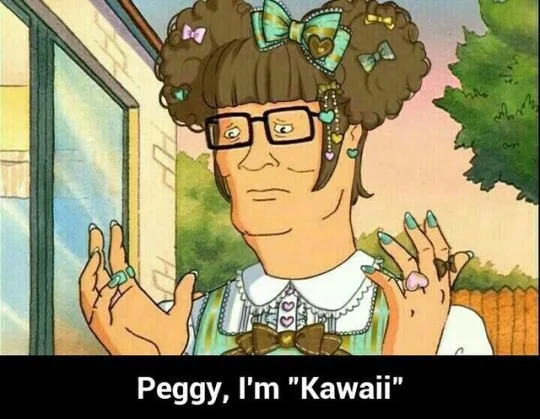 A cartoon woman with large glasses, curly hair adorned with bows and hearts, and colorful nail polish holds her hands up…
