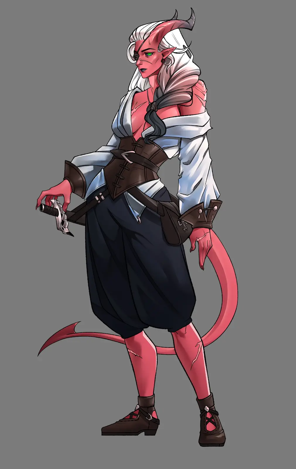 A red-skinned devil character with horns, pointed ears, and a tail stands in a confident pose, wearing a white shirt, brown…