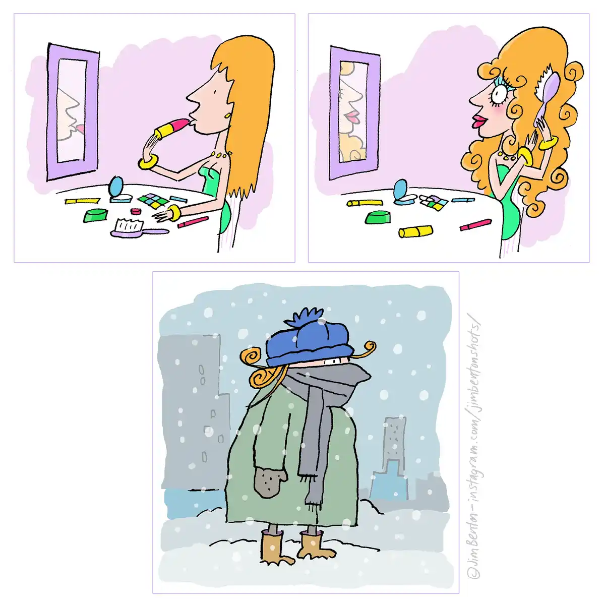 A three-panel cartoon shows a woman applying makeup indoors, then transforming into a glamorous version of herself, before…