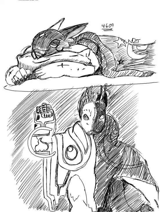 A black-and-white sketch shows two panels: the top depicts a dragon-like creature sleeping peacefully on a pillow with stars…