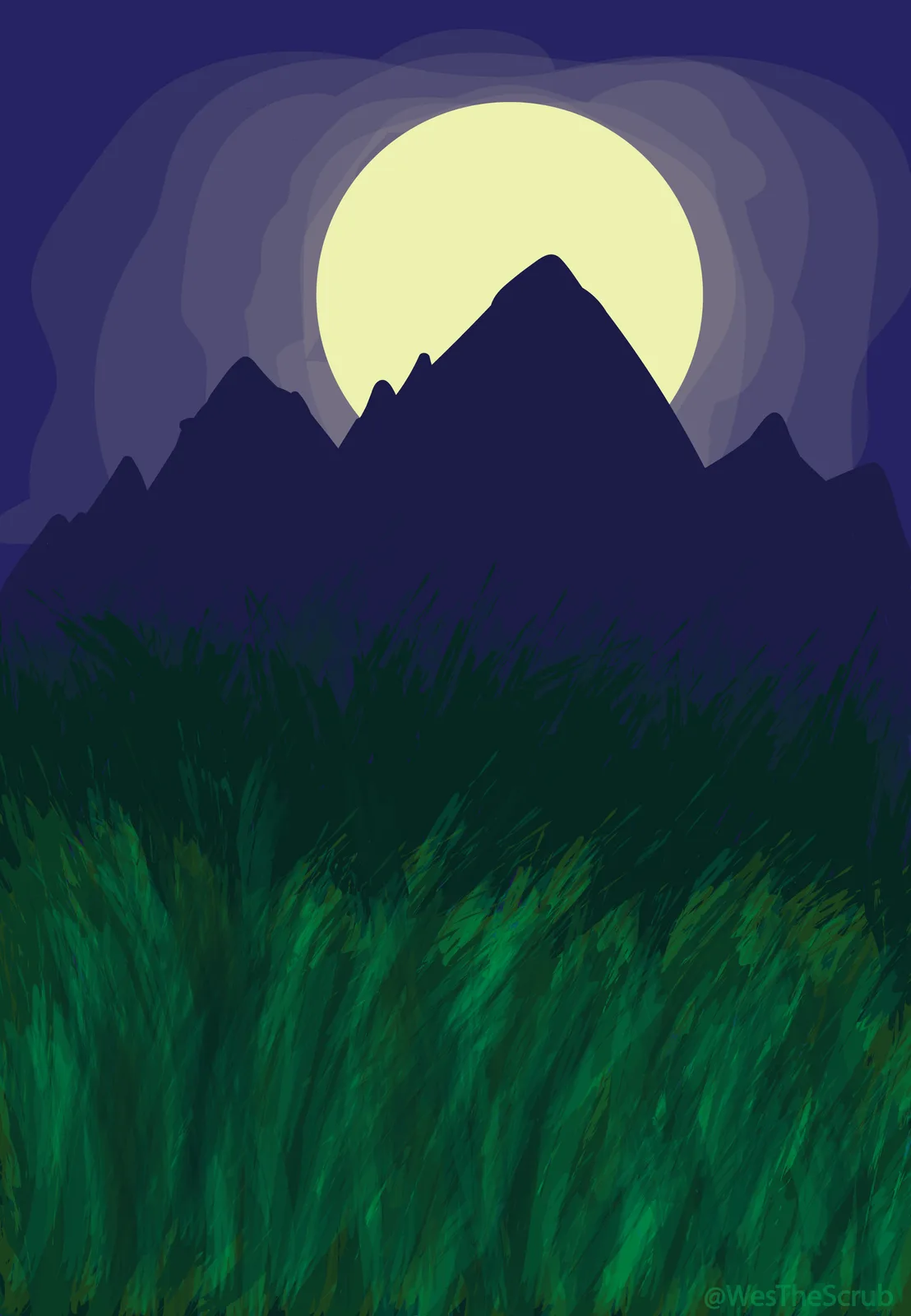 A stylized illustration depicts a dark mountain range silhouetted against a large, pale yellow moon in a deep purple night…