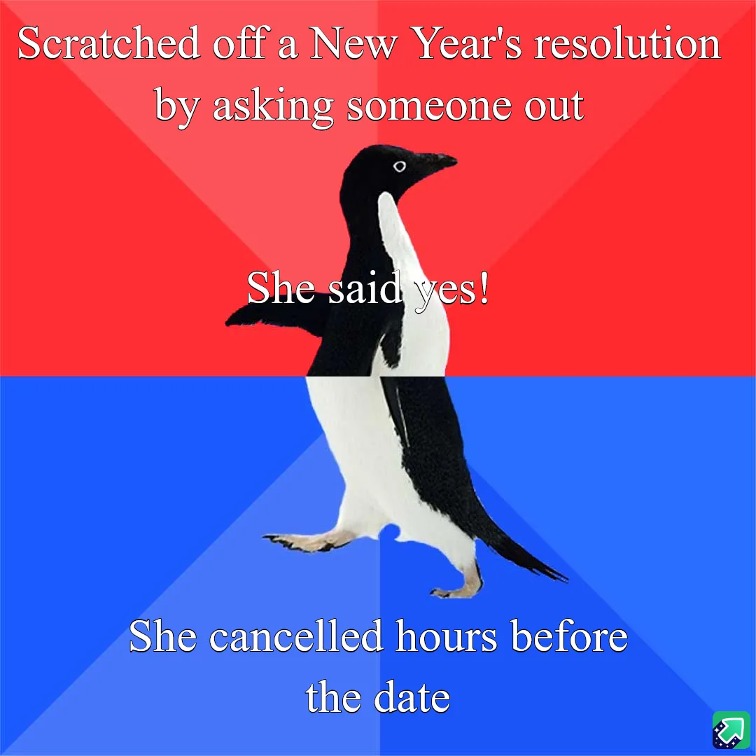 A penguin stands centered against a red and blue background, with text overlaid in two sections. The top red section reads…