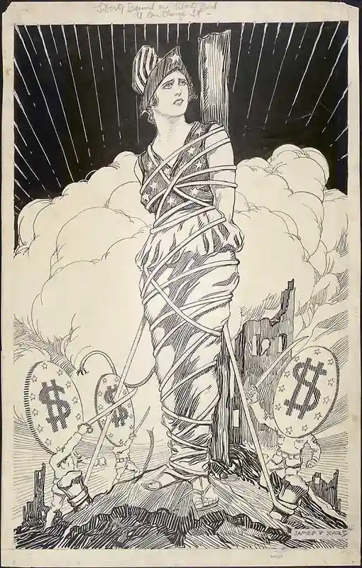 A black-and-white political cartoon depicts a classical female figure representing Liberty, bound tightly with ropes labeled…