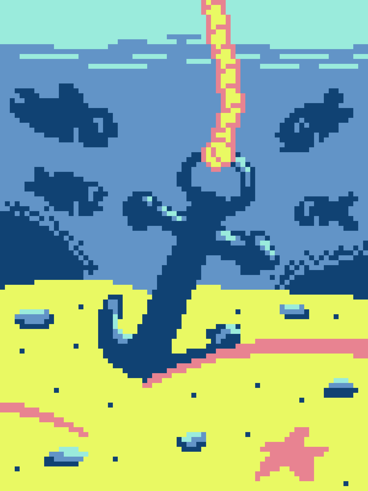 A pixel art image shows a blue, cartoonish character with a long, yellow and pink horn, crying large blue tears into a…