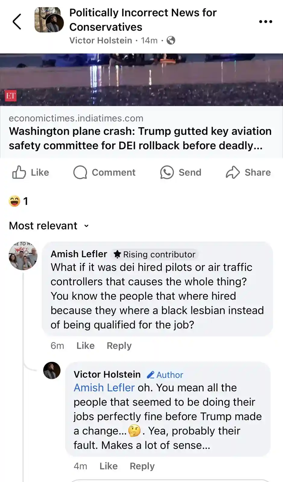 A screenshot of a Facebook post from 'Politically Incorrect News for Conservatives' showing a news article about a…