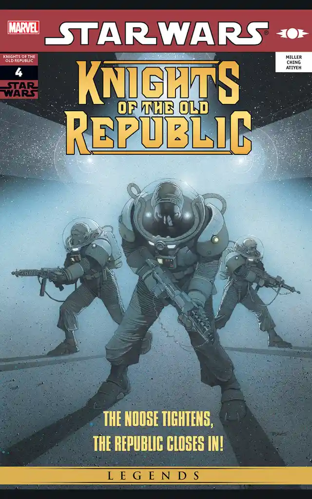 The image is a comic book cover for 'Star Wars: Knights of the Old Republic #4' by Marvel, featuring three armored soldiers…