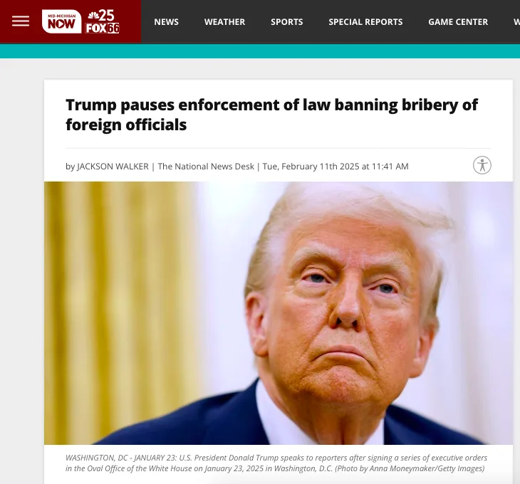 A screenshot of a news article from 'Mid-Michigan Now' with a headline about Trump pausing enforcement of a bribery law…