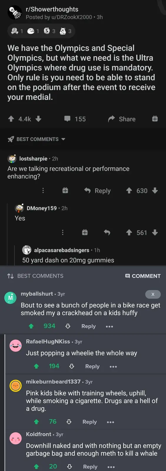 The image shows a screenshot of a Reddit post from r/Showerthoughts, where the user suggests creating 'Ultra Olympics' where…