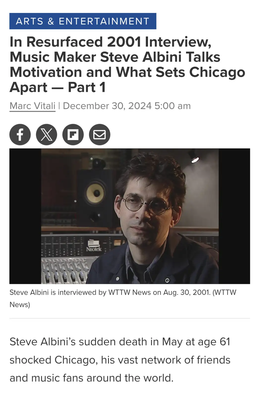 A screenshot of a news article about musician Steve Albini, showing a photo of him in a recording studio with audio…