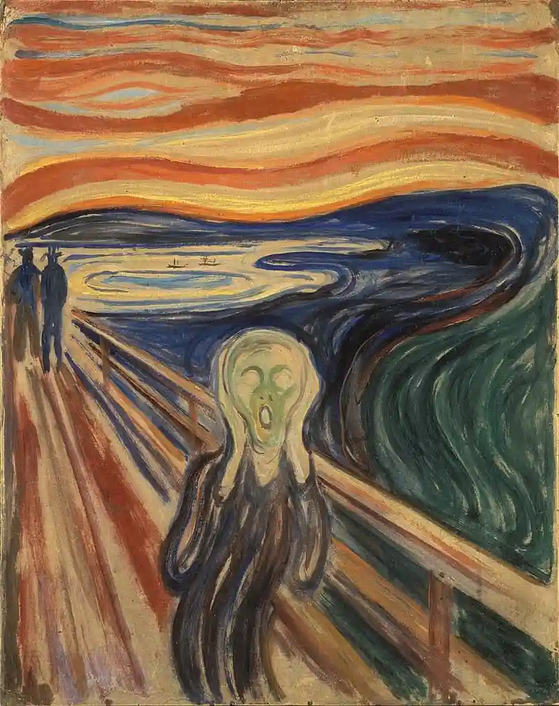 the image is the famous painting 'the scream' by edvard munch, depicting a pale, screaming figure with hands to its head on…