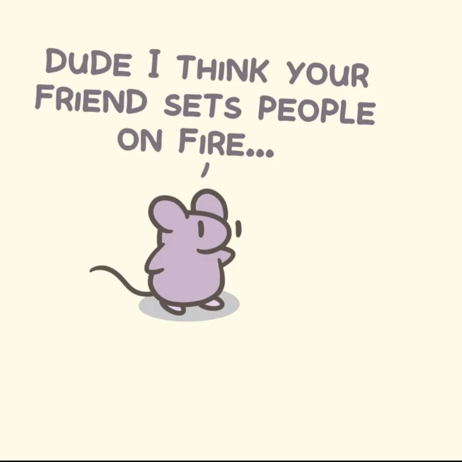A simple cartoon illustration of a small, purple mouse standing upright with a slightly concerned or earnest expression…
