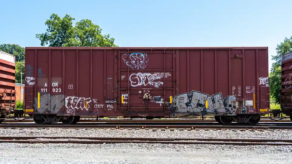 A maroon freight train car covered in graffiti sits on tracks under a clear blue sky, with the overlaid text 'close and lock…