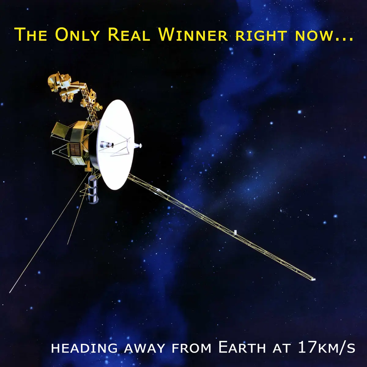 An illustration of a spacecraft with a large white dish antenna and gold-colored components floating in space against a…