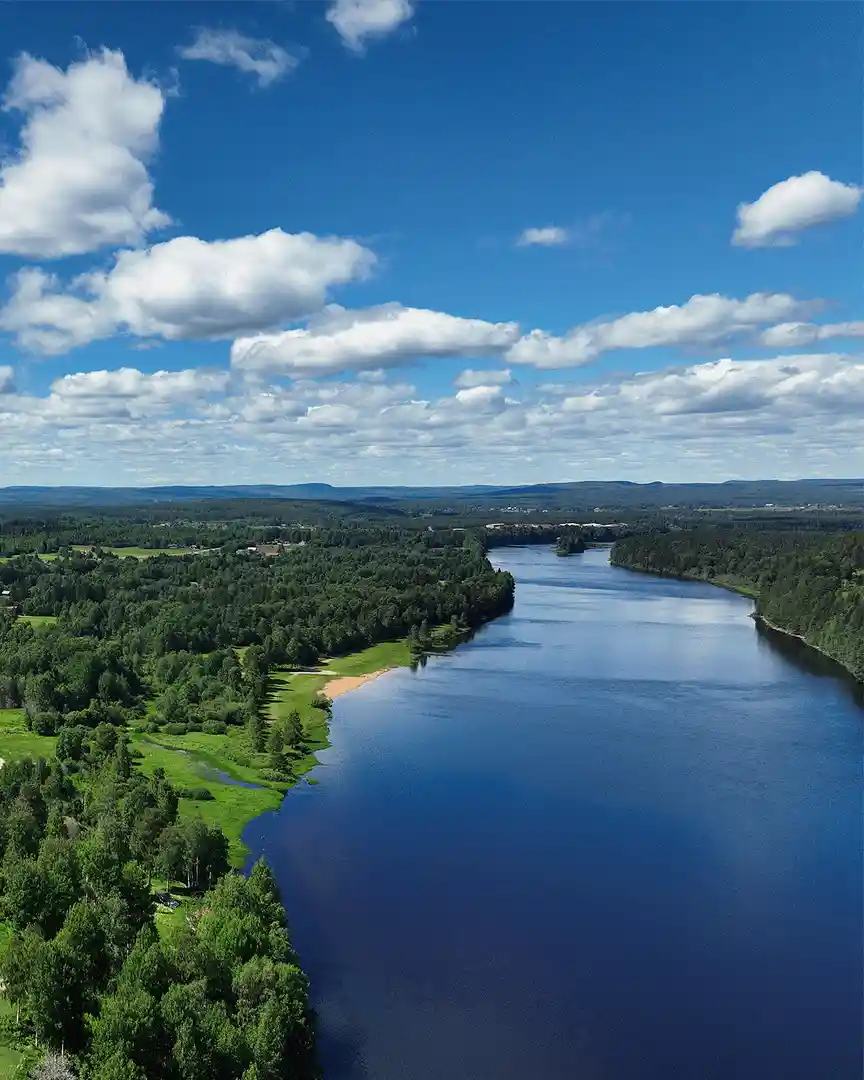 An aerial photo shows a wide, calm river flowing through a lush green forest under a bright blue sky with scattered white…