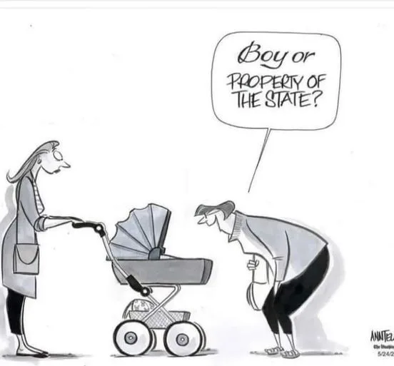 A black-and-white cartoon depicts a woman pushing a baby stroller while another woman bends over, holding a baby bottle. A…