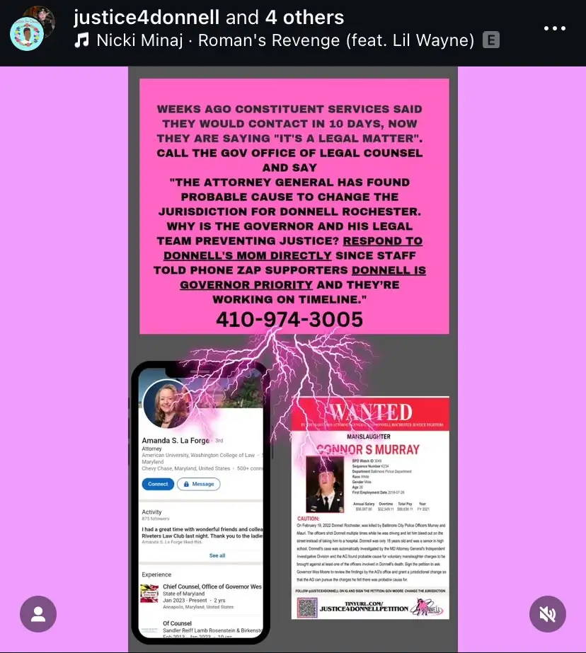 A screenshot of a social media post with a pink background and overlaid text demanding action regarding a legal case. The…