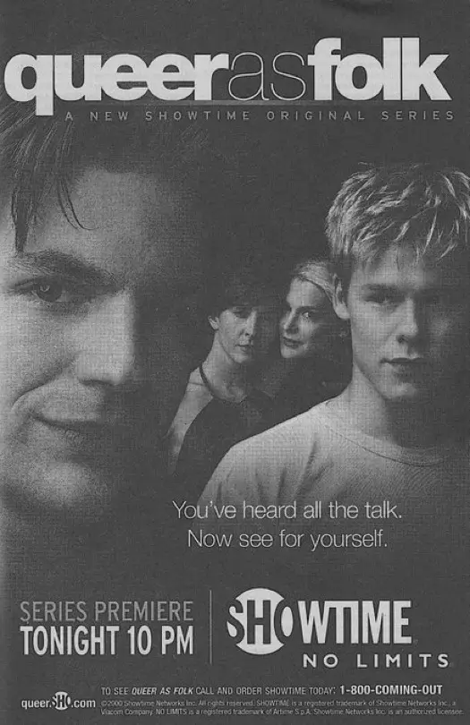 A black-and-white promotional poster for the Showtime series 'Queer as Folk' featuring four men, with the tagline 'You've…