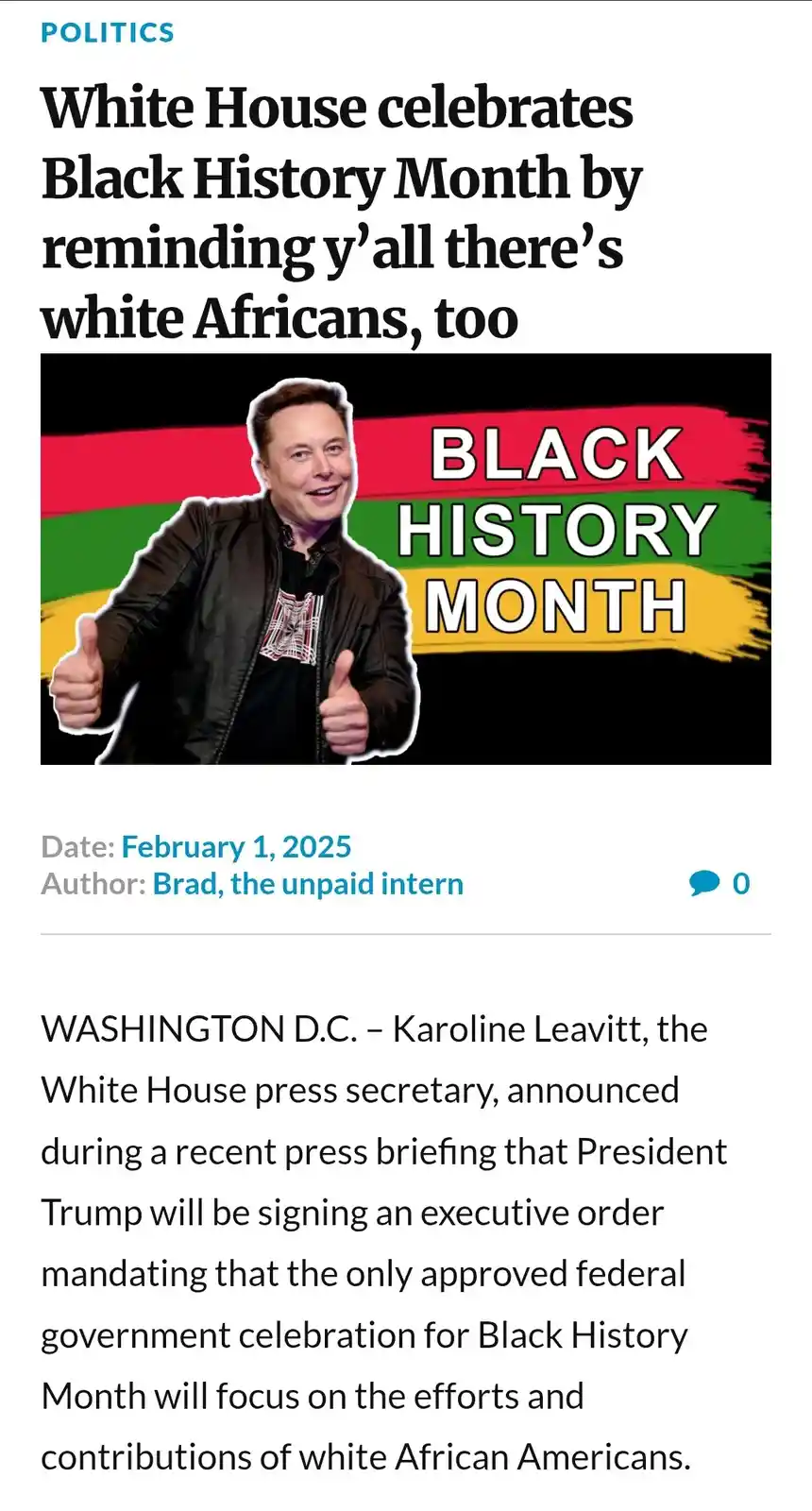 The image shows a satirical news article with a headline about the White House celebrating Black History Month by…