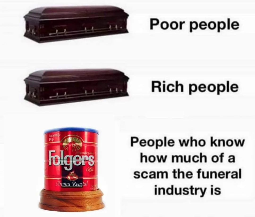 The image displays three rows: the top row shows a standard dark wooden coffin labeled 'Poor people'; the middle row shows…