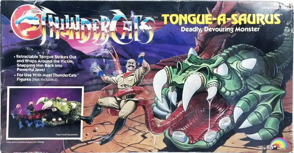 A vintage ThunderCats toy box for 'Tongue-a-Saurus,' a green, reptilian monster with a long red retractable tongue that…
