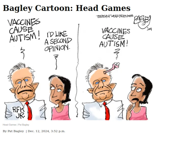 A two-panel political cartoon by Pat Bagley shows a man labeled 'RFK JR.' and a woman. In the first panel, the man shouts…