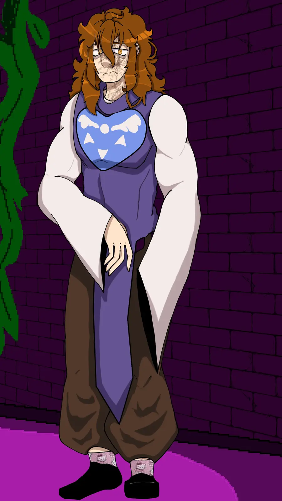 A cartoon character with long brown hair, muscular arms, and a tired expression stands against a purple brick wall. They…