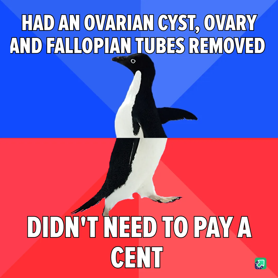 A penguin stands centered against a blue and red background, with bold white text at the top stating 'HAD AN OVARIAN CYST…