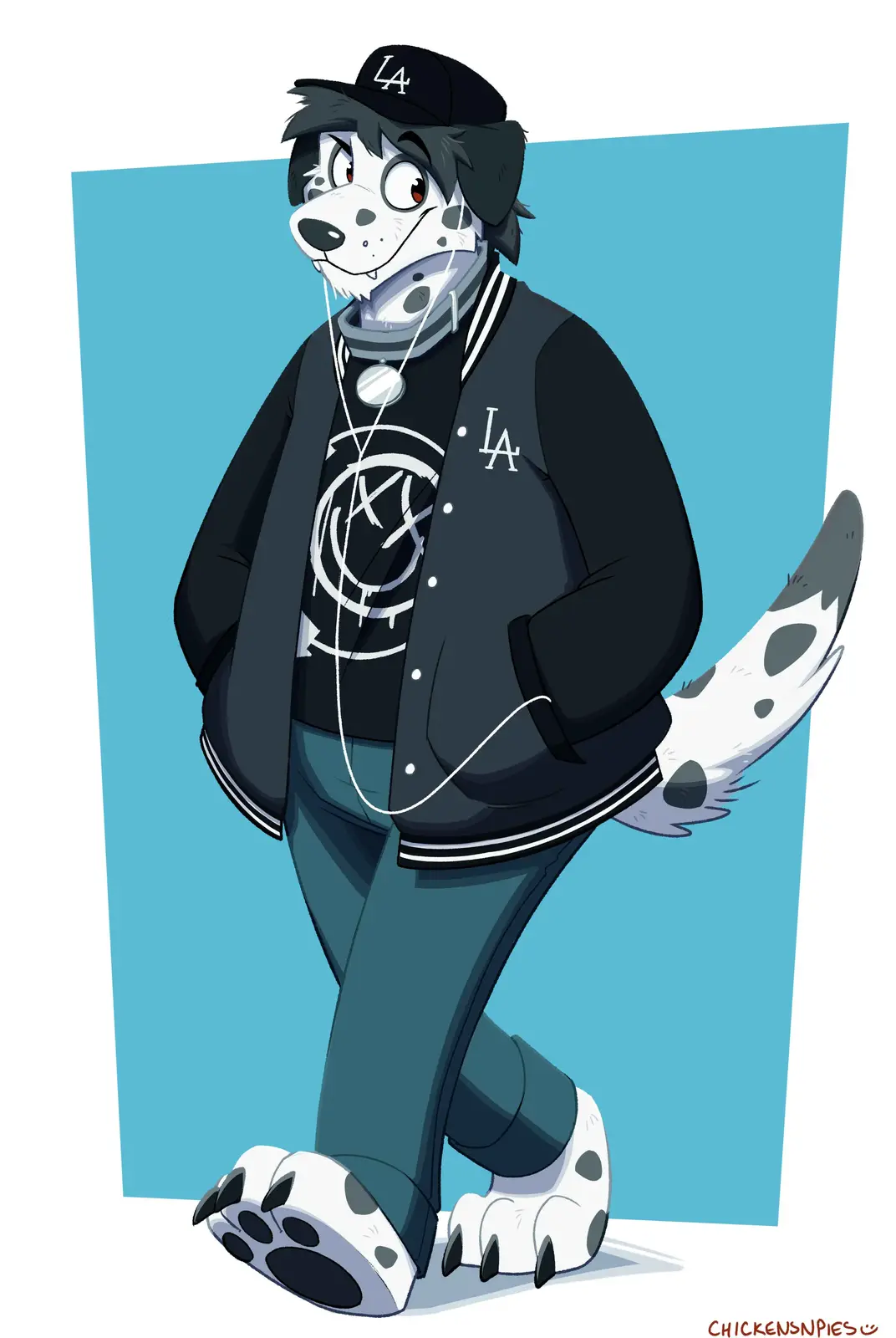 An anthropomorphic dalmatian dog with black and white spotted fur, wearing a black 'LA' baseball cap, a black varsity jacket…