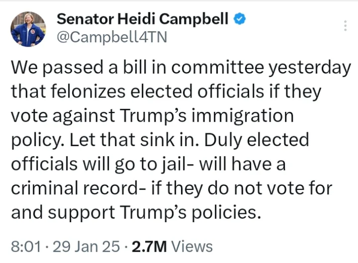 A screenshot of a tweet from Senator Heidi Campbell (@Campbell4TN) announcing a bill that would criminalize elected…