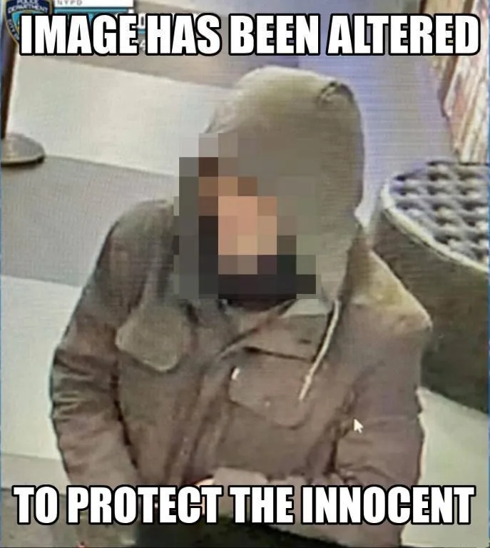 A low-resolution surveillance-style image shows a person in a hooded jacket with their face heavily pixelated. The text…
