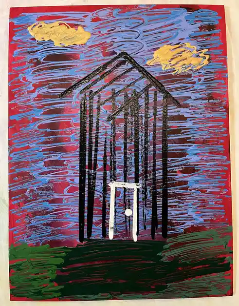 A childlike painting depicts a black, stick-figure style shower stall with a white door against a red and blue swirly…