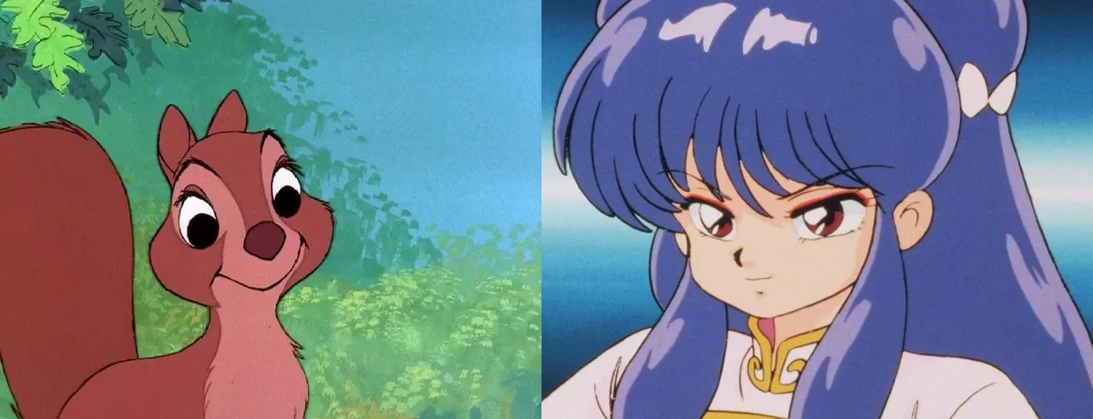 The image is a side-by-side comparison of two animated characters: on the left, a cheerful, brown cartoon squirrel with…
