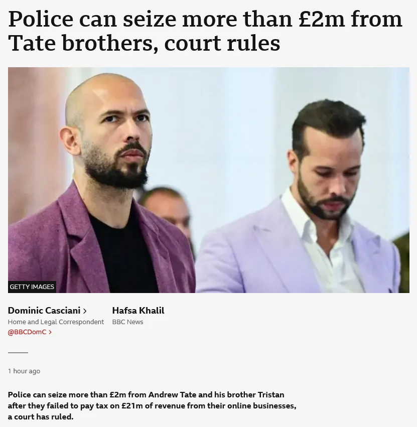 A news article screenshot shows two men, Andrew Tate and his brother Tristan, in a courtroom setting. The headline reads…