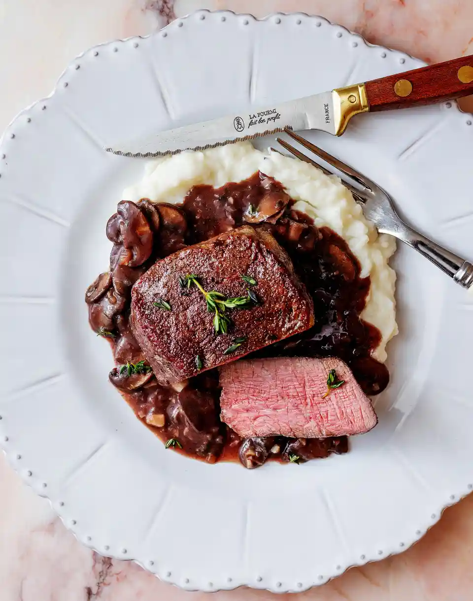 A top-down photo of a plated beef dish with a seared exterior and pink interior, served over mashed potatoes with mushroom…