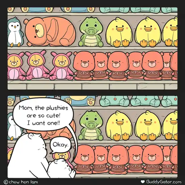 A cartoon child looks up at shelves full of colorful plush toys including penguins, sloths, alligators, and ducks…