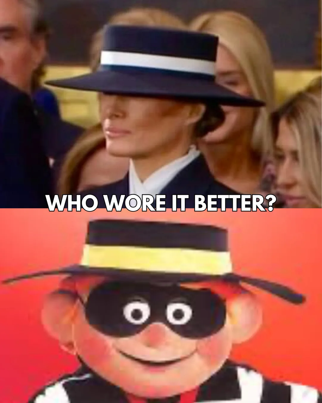 The image is split into two halves. The top half shows a woman wearing a dark blue hat with a white band, her face partially…