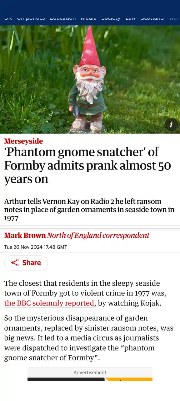 A news article screenshot shows a garden gnome with a red hat and white beard standing in grass. The headline reads 'Phantom…